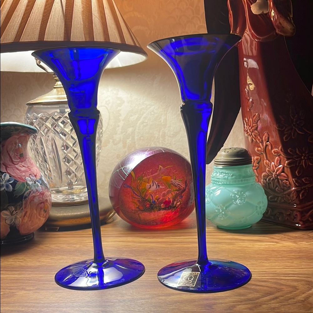 Pair of Elegant Blue Glass Candle Holders hand cut and blown crystal 9” tall